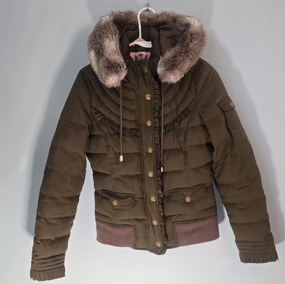 Juicy Couture Jackets & Blazers - Juicy Couture Olive Puffer Jacket with Faux Fur Trim Y2k Vintage